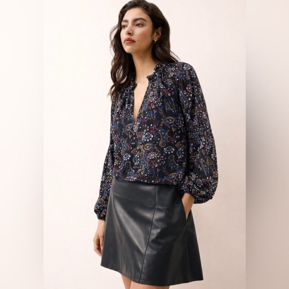 Marie Oliver Mystic Art Evil Eye Graphic Print Black 100% Silk Lennon Blouse L